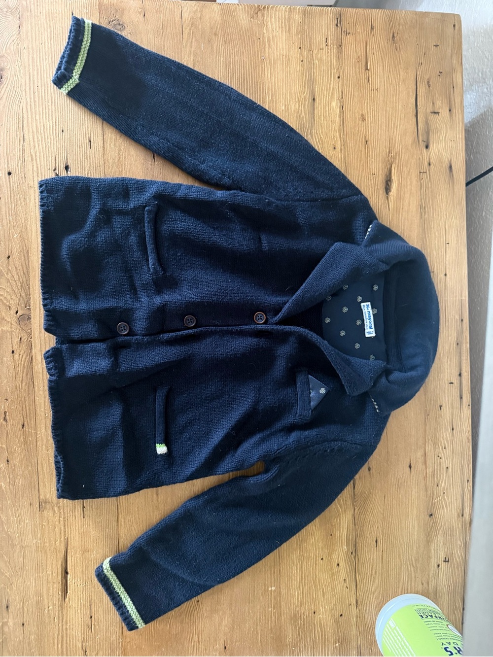Mayoral Navy Knit Cardigan Blazer with White Elbow Patches and Green Trim - Picture 2 of 12
